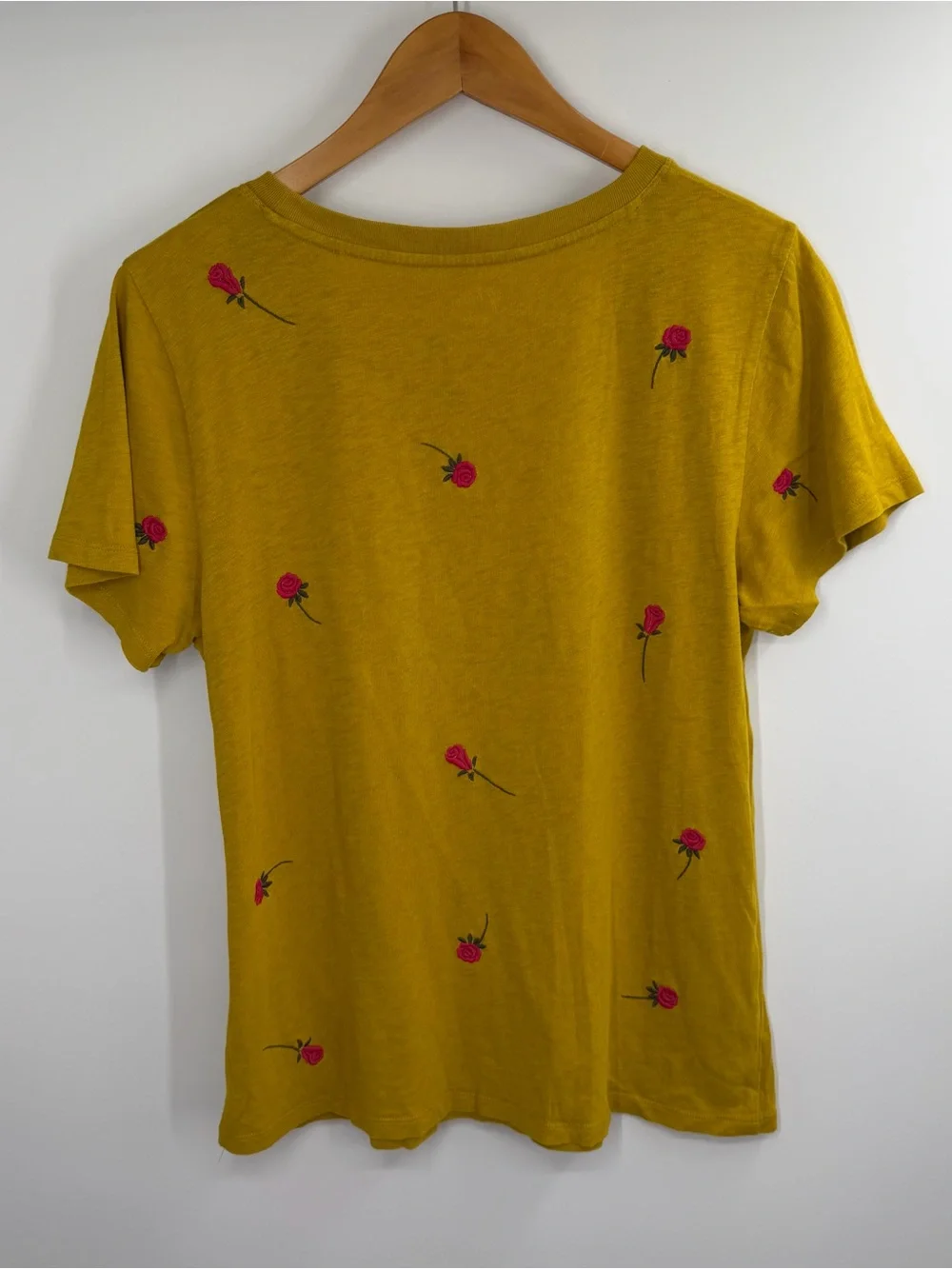J. Crew Mustard Yellow Short Sleeve Tee with Pink Floral Embroidery